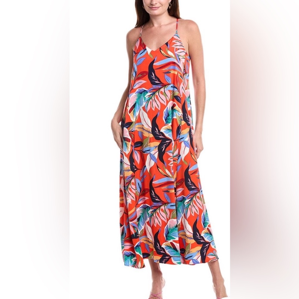 Nicole Miller Tropical Print Halter Midi Dress Red Multicolor Leaf Swing M
